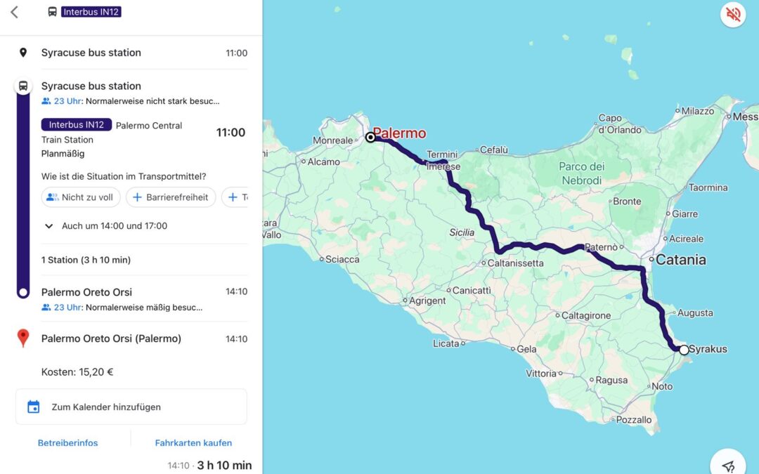 Fahrplan der Route Syrakus nach Palermo mit dem Bus sowie eine Landkarte von Sizilien auf der die Route eingezeichnet ist.